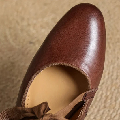 Women’s Lace-Up Leather Ballet Flats with Low Square Heel