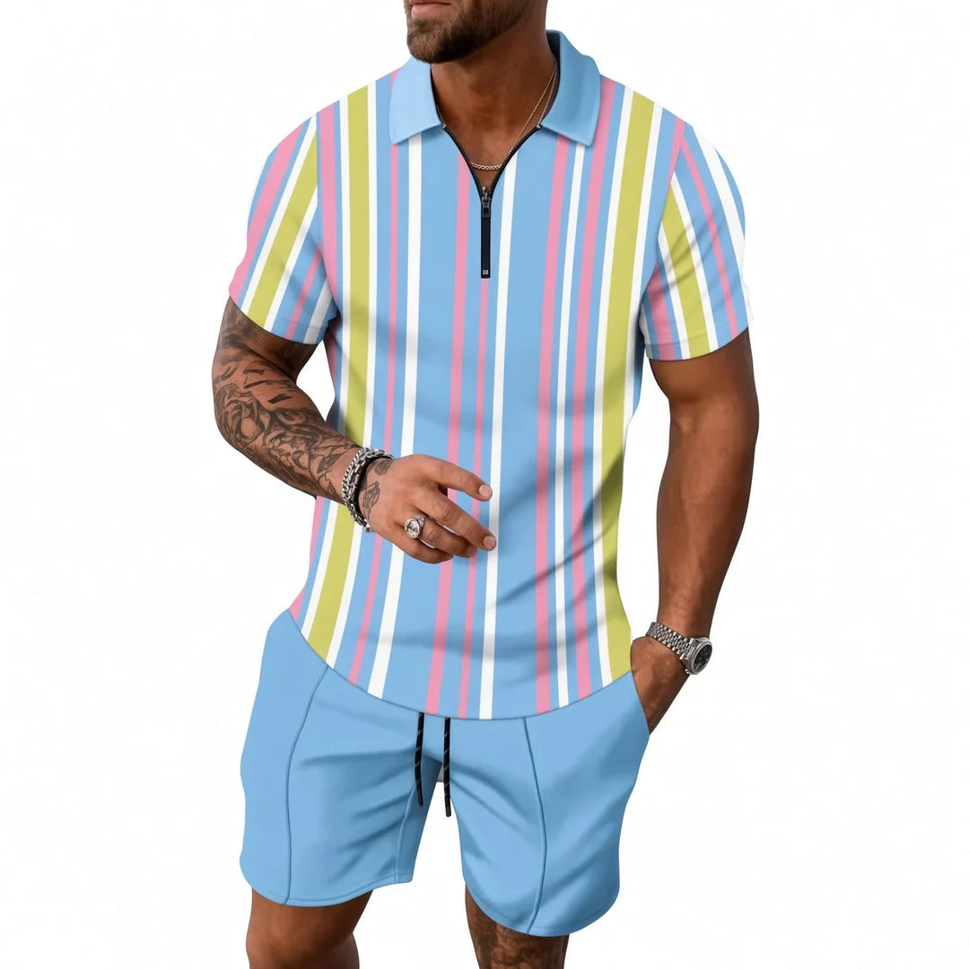 Men's Striped Polo & Shorts Set