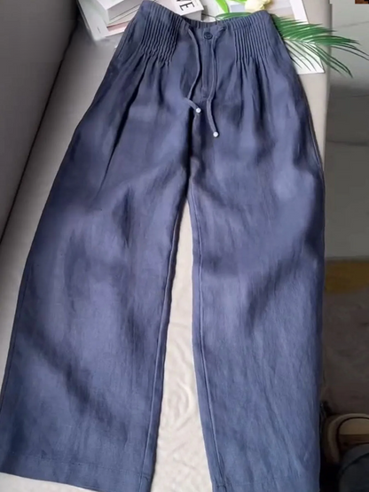 Women’s Pleated Drawstring Wide Leg Cotton Linen Trousers