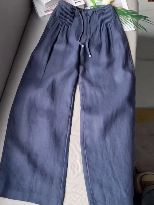 Women’s Pleated Drawstring Wide Leg Cotton Linen Trousers
