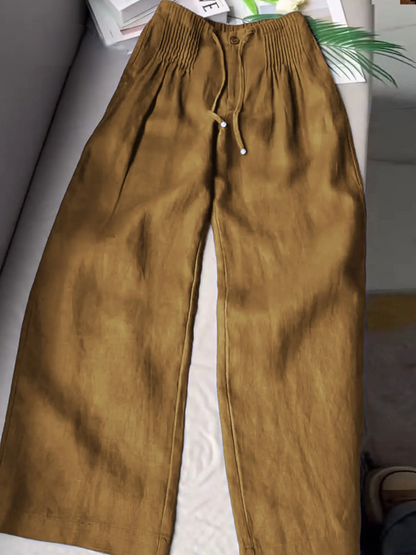 Women’s Pleated Drawstring Wide Leg Cotton Linen Trousers