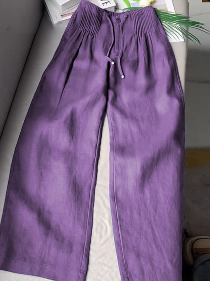 Women’s Pleated Drawstring Wide Leg Cotton Linen Trousers