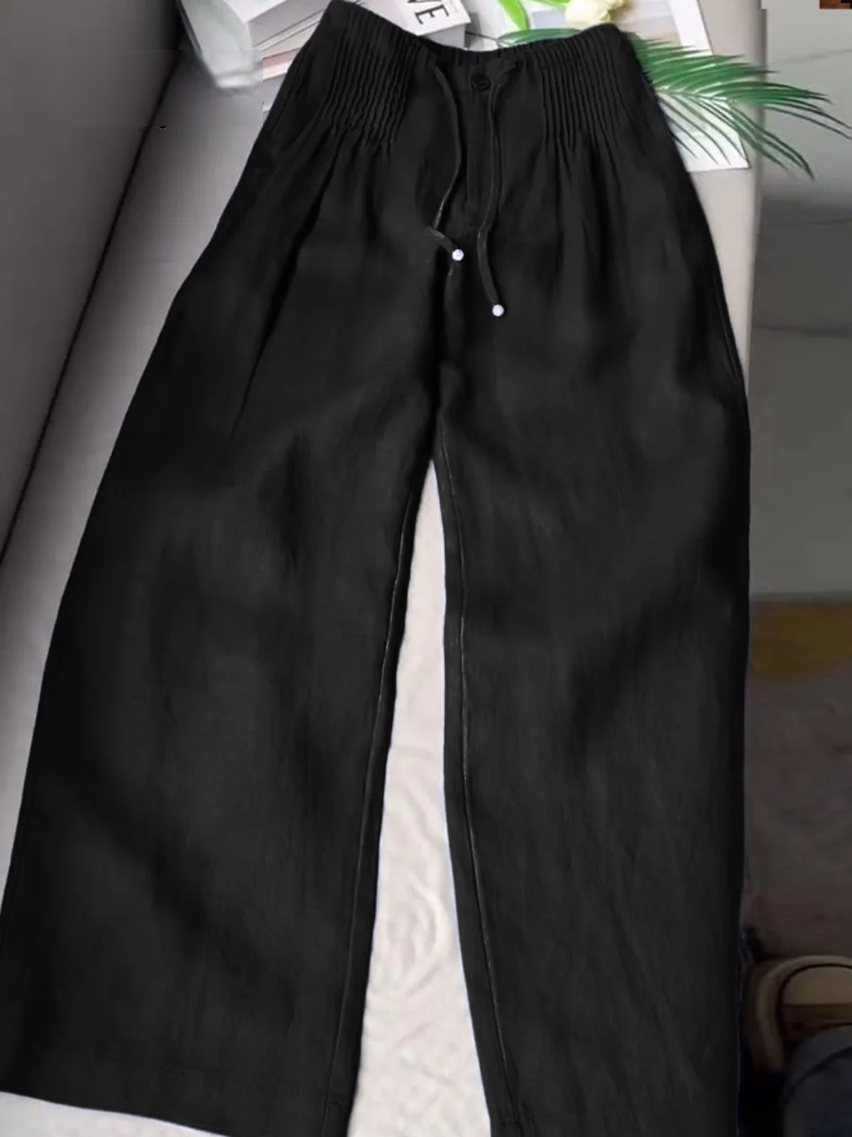 Women’s Pleated Drawstring Wide Leg Cotton Linen Trousers