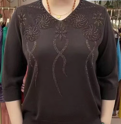 Women's Vintage V-Neck Beaded Pullover Sweater T-Shirt