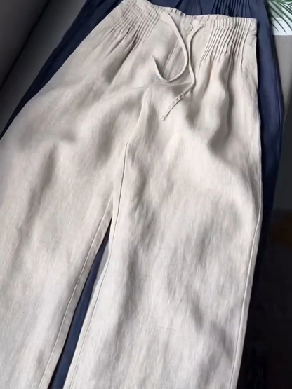 Women’s Pleated Drawstring Wide Leg Cotton Linen Trousers