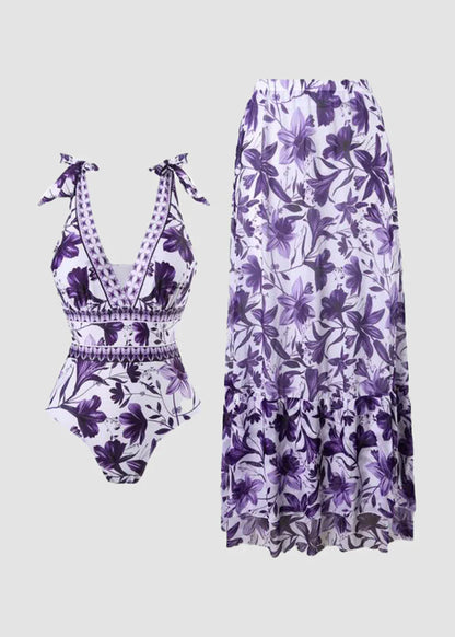 Women’s Blue Print V-Neck One-Piece Swimsuit with Matching Cover Skirt