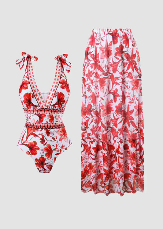Women’s Blue Print V-Neck One-Piece Swimsuit with Matching Cover Skirt