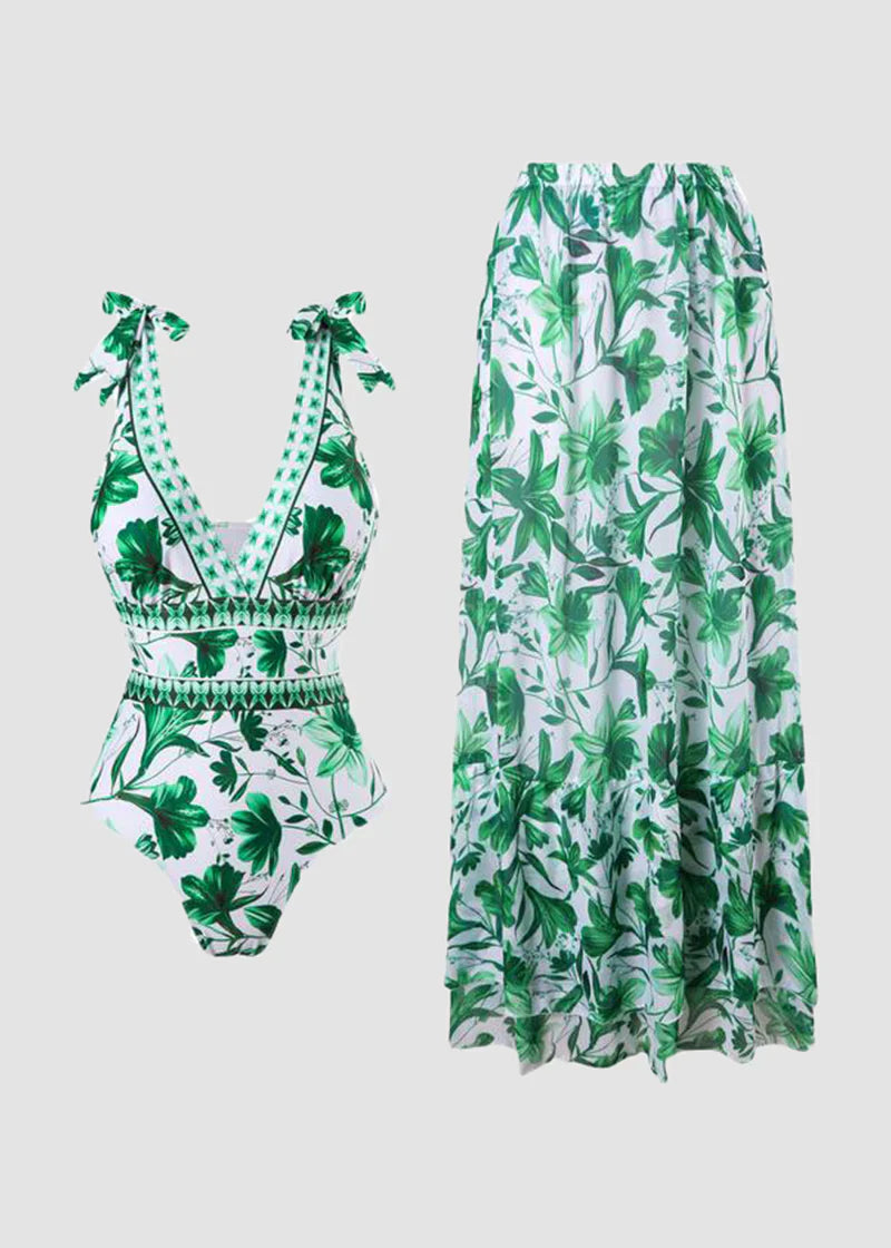 Women’s Blue Print V-Neck One-Piece Swimsuit with Matching Cover Skirt