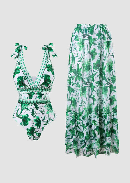 Women’s Blue Print V-Neck One-Piece Swimsuit with Matching Cover Skirt