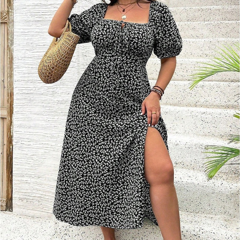 Floral Square Neck Split Midi Dress