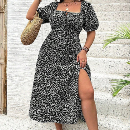 Floral Square Neck Split Midi Dress