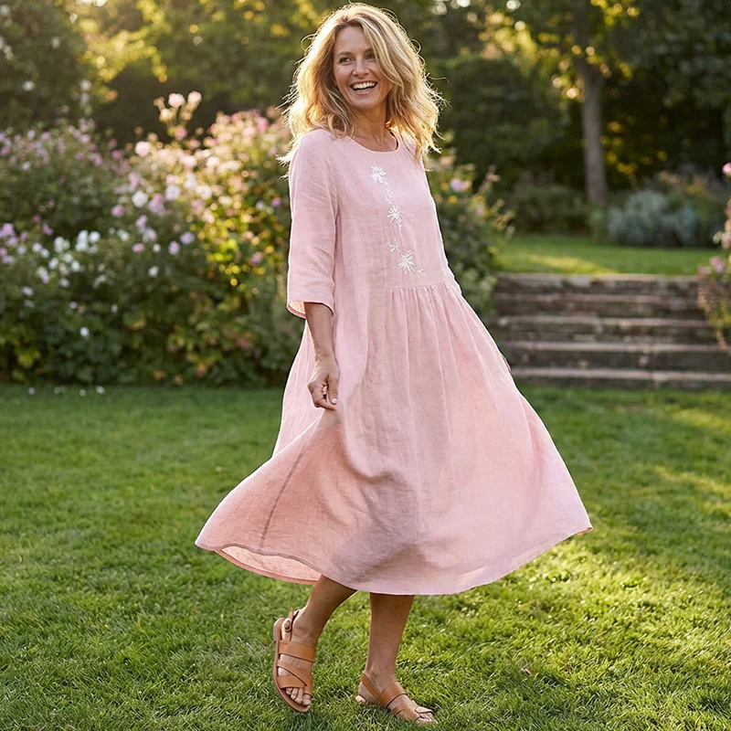 Women’s Casual Loose Embroidered Midi Dress