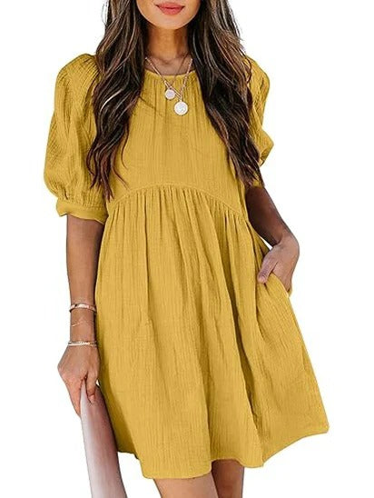 Women’s Textured Puff Sleeve Babydoll Mini Dress with Pockets