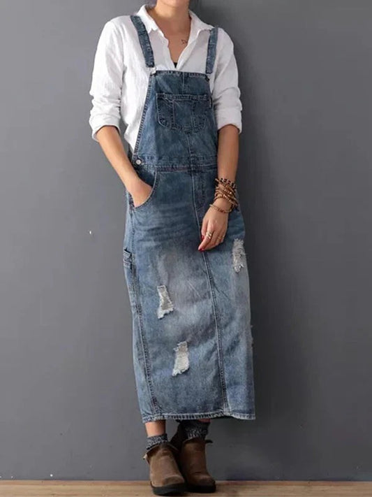 Women's Relaxed Fit Distressed Denim Dungaree Dress