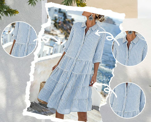 Women’s Striped Button-Front Tiered Midi Shirt Dress
