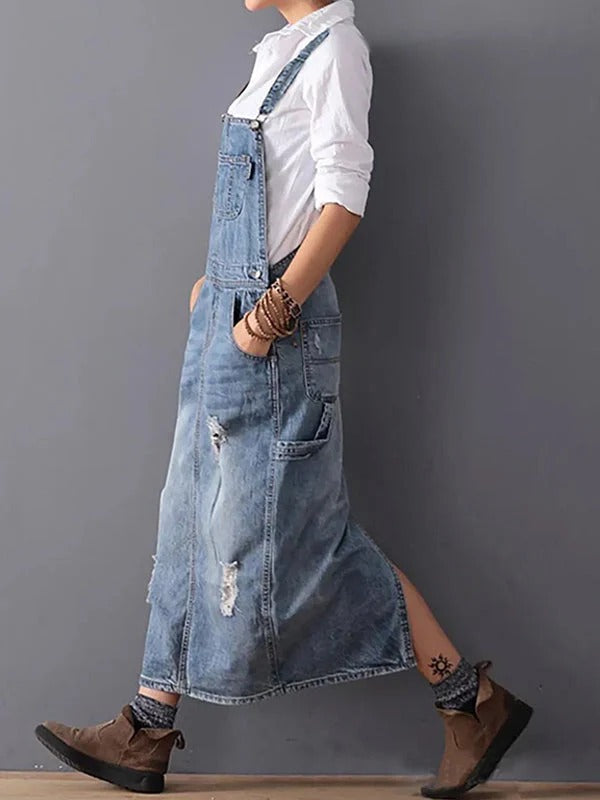 Women's Relaxed Fit Distressed Denim Dungaree Dress