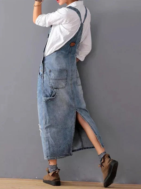 Women's Relaxed Fit Distressed Denim Dungaree Dress