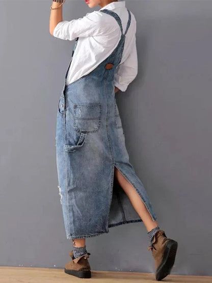 Women's Relaxed Fit Distressed Denim Dungaree Dress