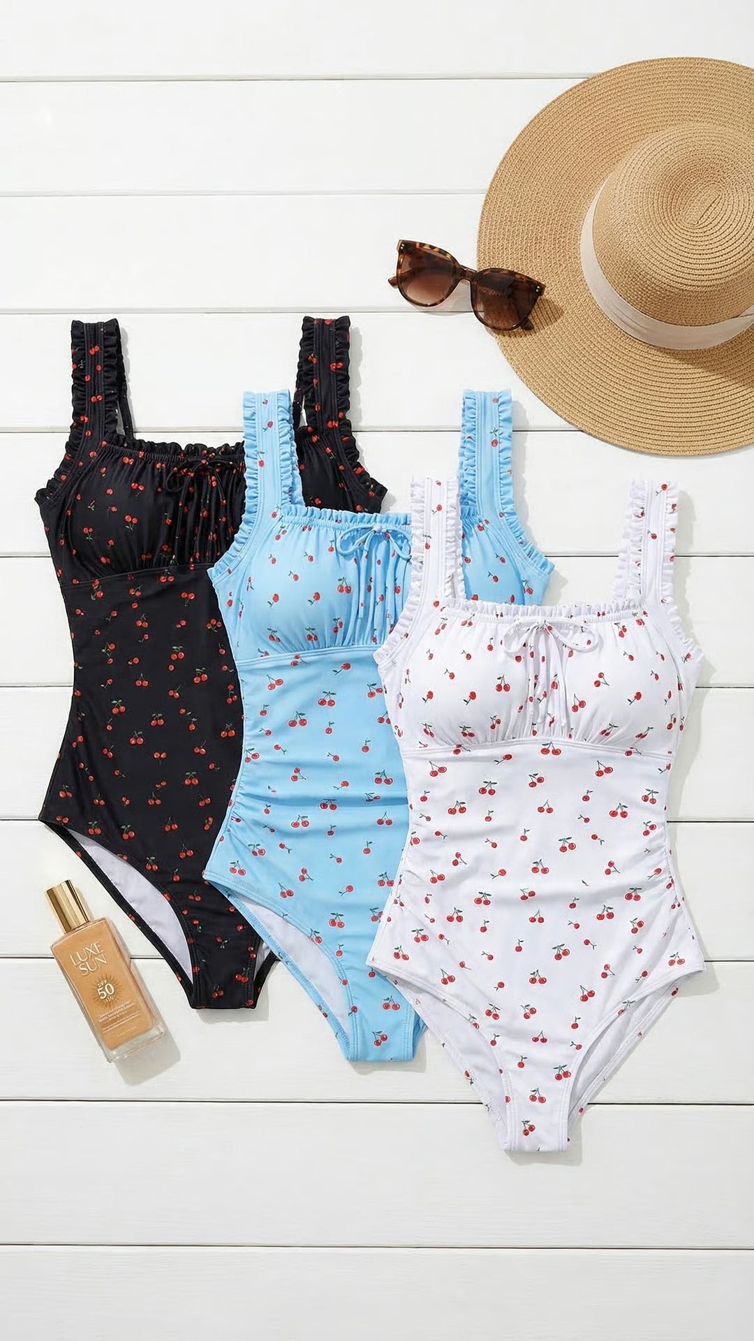 Ruffle Strap Cherry Print One-Piece Swimsuit