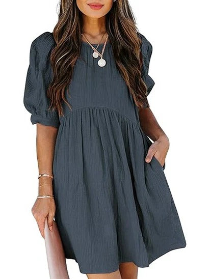 Women’s Textured Puff Sleeve Babydoll Mini Dress with Pockets