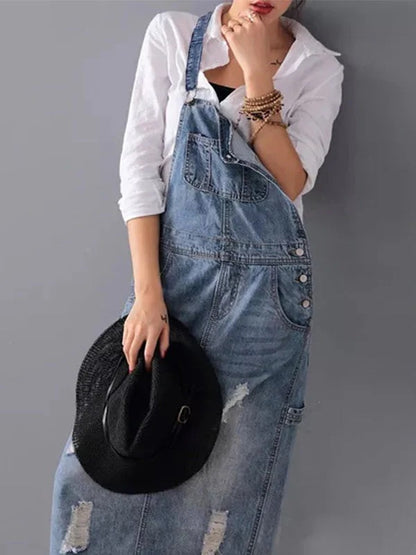 Women's Relaxed Fit Distressed Denim Dungaree Dress