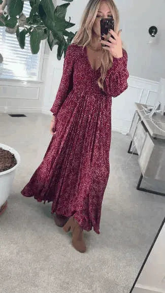 Floral Smocked Waist Boho Maxi Dress in Berry Red