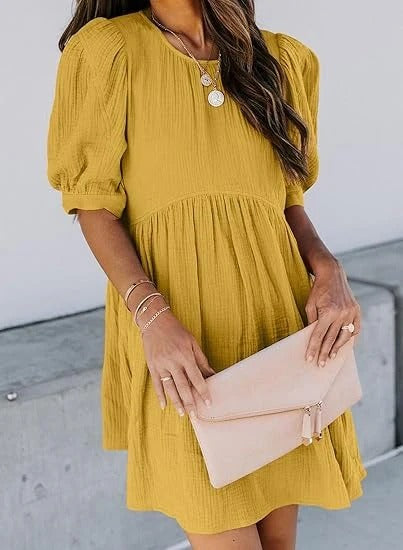 Women’s Textured Puff Sleeve Babydoll Mini Dress with Pockets