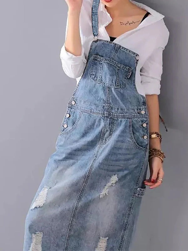 Women's Relaxed Fit Distressed Denim Dungaree Dress