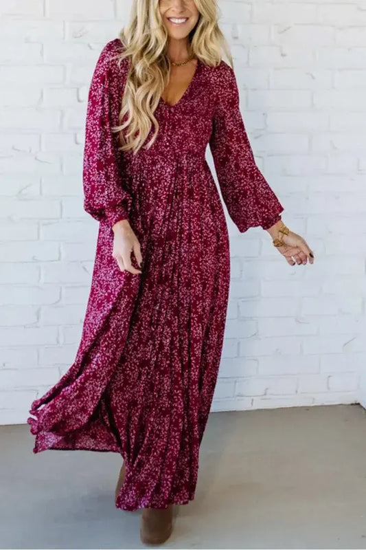 Floral Smocked Waist Boho Maxi Dress in Berry Red
