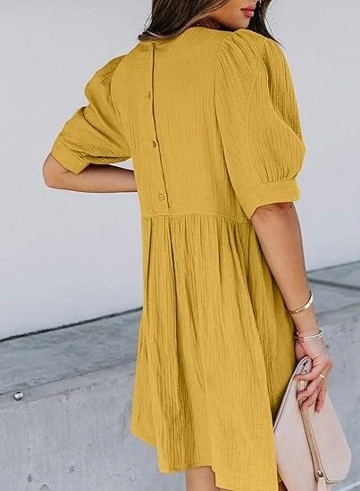 Women’s Textured Puff Sleeve Babydoll Mini Dress with Pockets