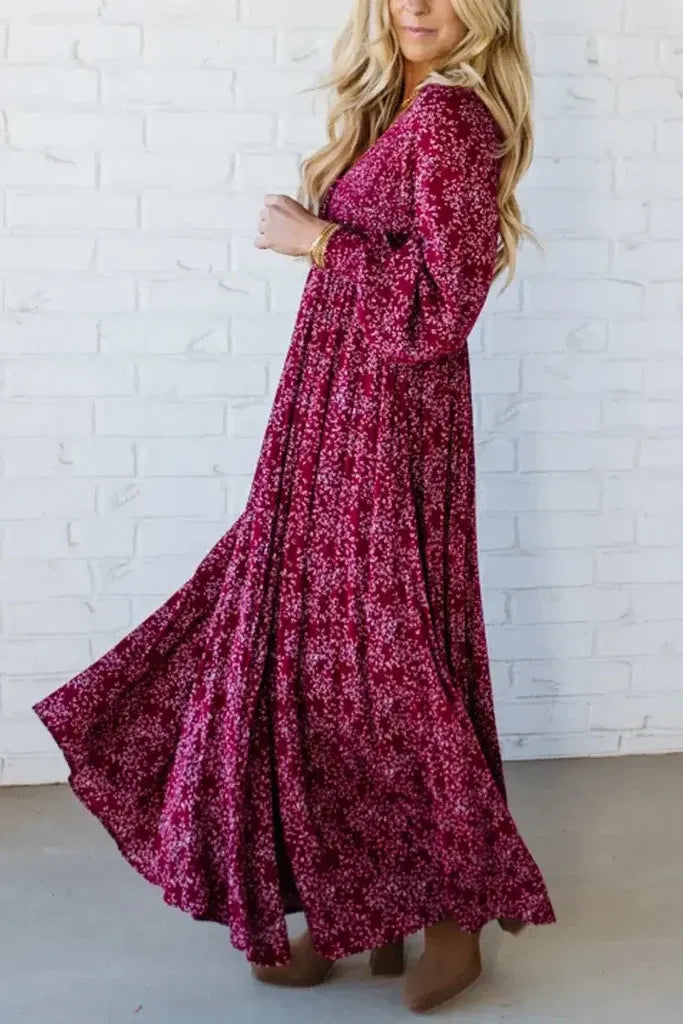 Floral Smocked Waist Boho Maxi Dress in Berry Red