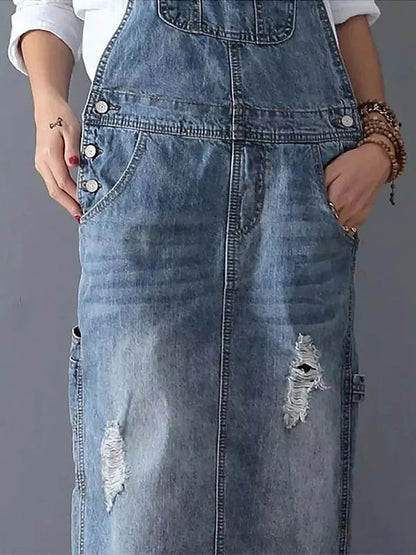 Women's Relaxed Fit Distressed Denim Dungaree Dress