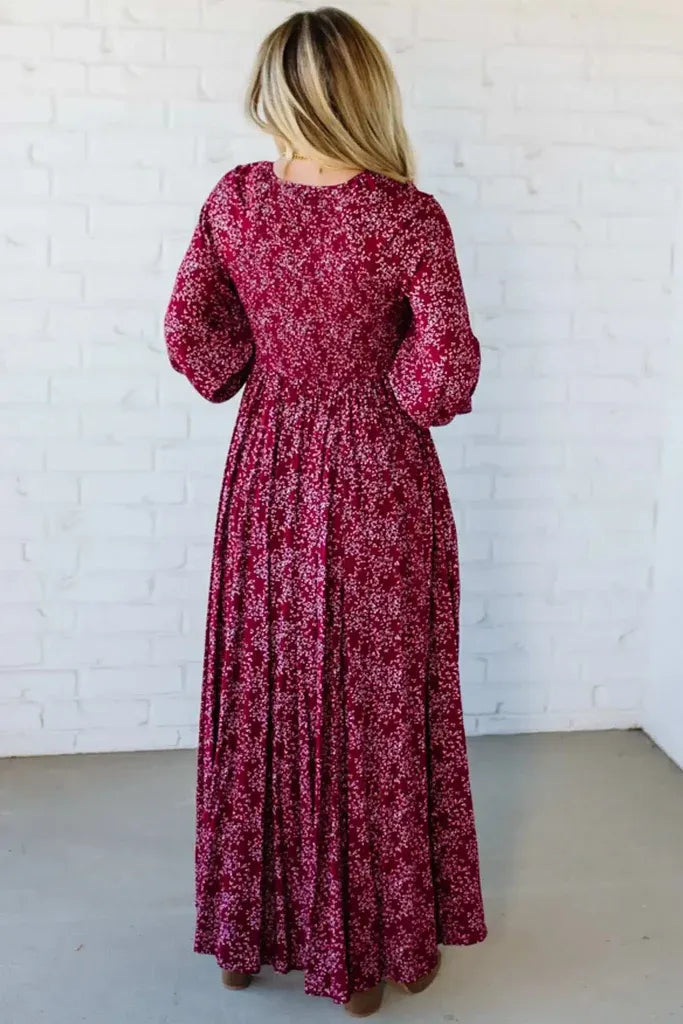 Floral Smocked Waist Boho Maxi Dress in Berry Red