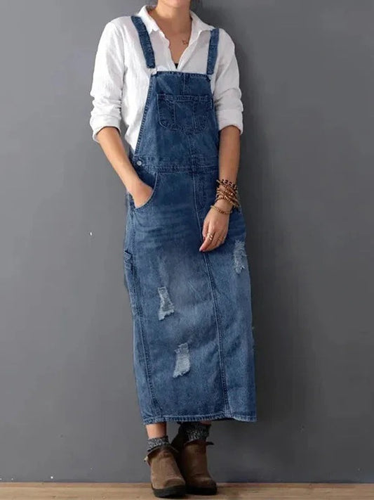 Women's Relaxed Fit Distressed Denim Dungaree Dress