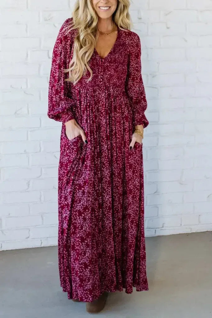 Floral Smocked Waist Boho Maxi Dress in Berry Red