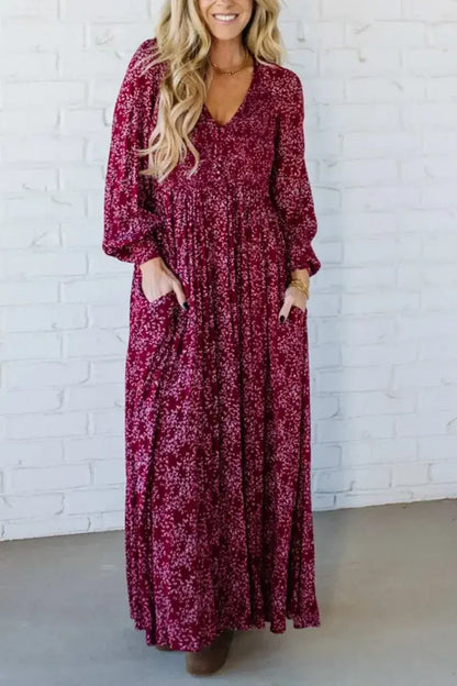 Floral Smocked Waist Boho Maxi Dress in Berry Red