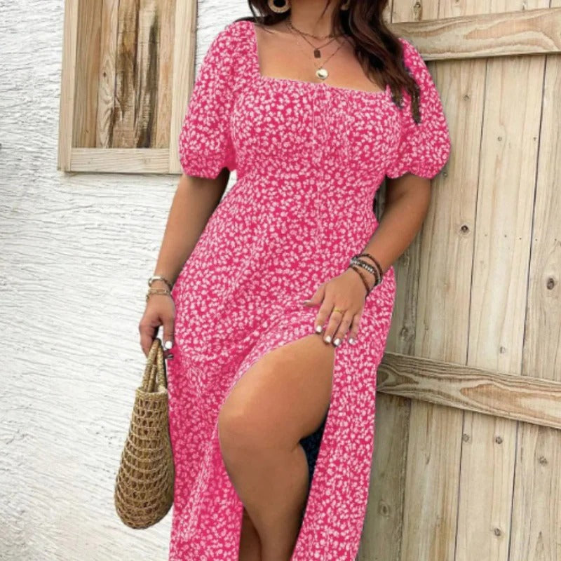 Floral Square Neck Split Midi Dress