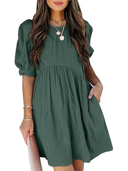 Women’s Textured Puff Sleeve Babydoll Mini Dress with Pockets