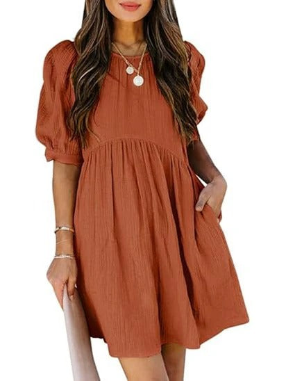Women’s Textured Puff Sleeve Babydoll Mini Dress with Pockets