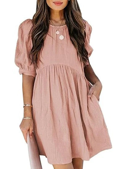 Women’s Textured Puff Sleeve Babydoll Mini Dress with Pockets