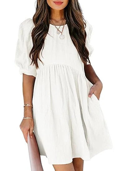 Women’s Textured Puff Sleeve Babydoll Mini Dress with Pockets