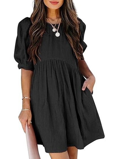 Women’s Textured Puff Sleeve Babydoll Mini Dress with Pockets