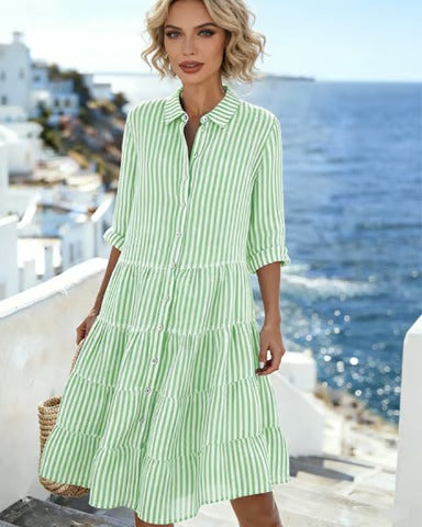 Women’s Striped Button-Front Tiered Midi Shirt Dress