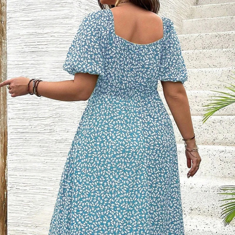 Floral Square Neck Split Midi Dress