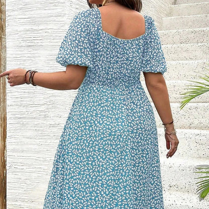 Floral Square Neck Split Midi Dress