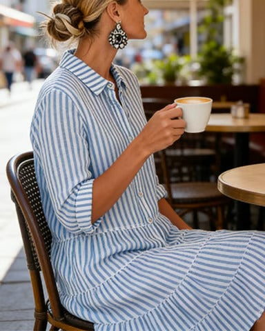 Women’s Striped Button-Front Tiered Midi Shirt Dress
