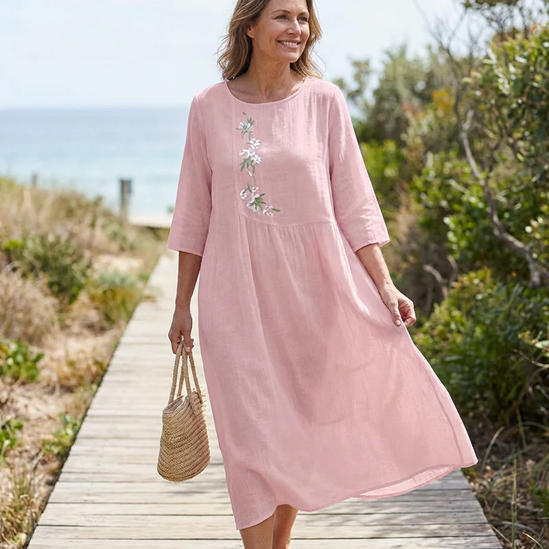 Women’s Casual Loose Embroidered Midi Dress