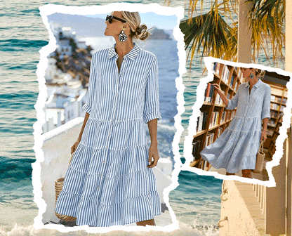 Women’s Striped Button-Front Tiered Midi Shirt Dress