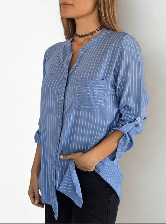 Women’s Casual Striped Sequin Pocket Shirt