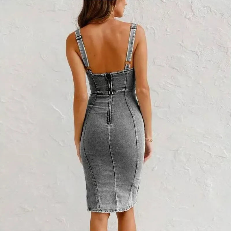 Women’s Denim Bodycon Midi Dress with Front Slit